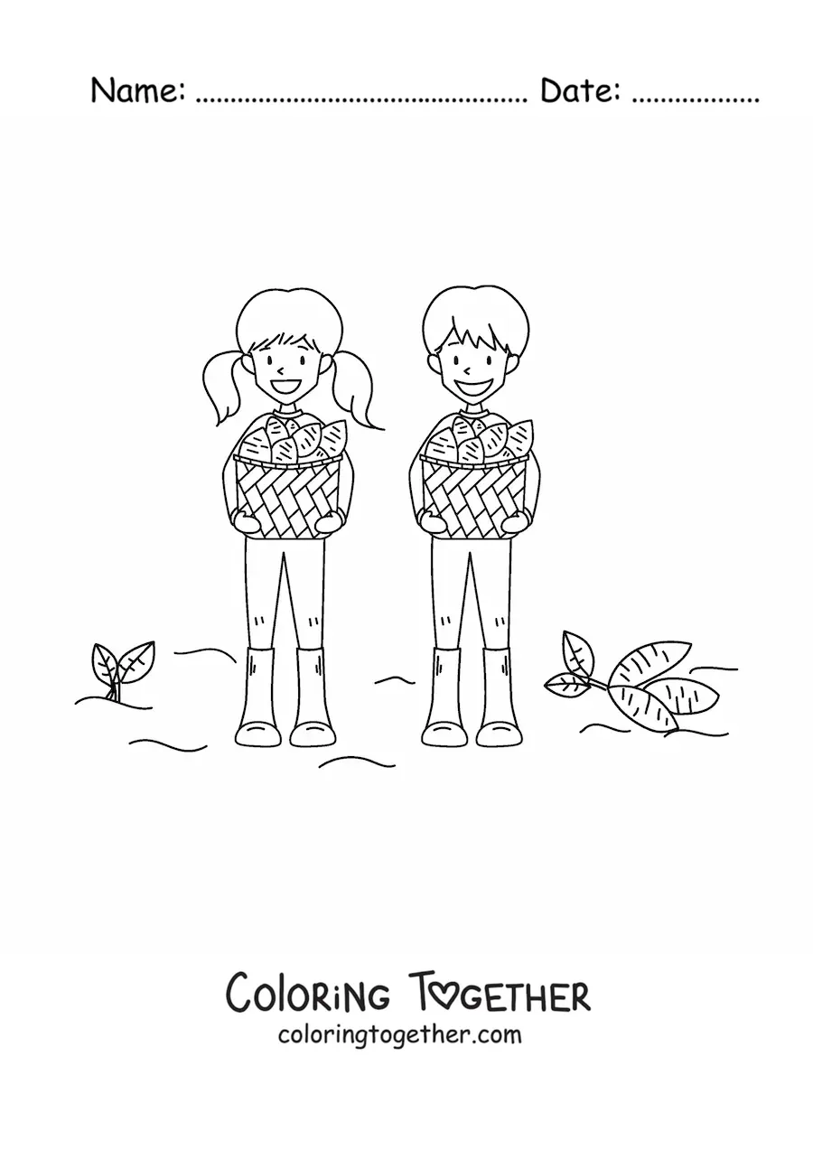 Coloring page of two children harvesting potatoes