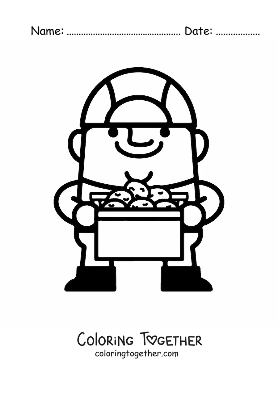 Coloring page of a man with a box of potatoes