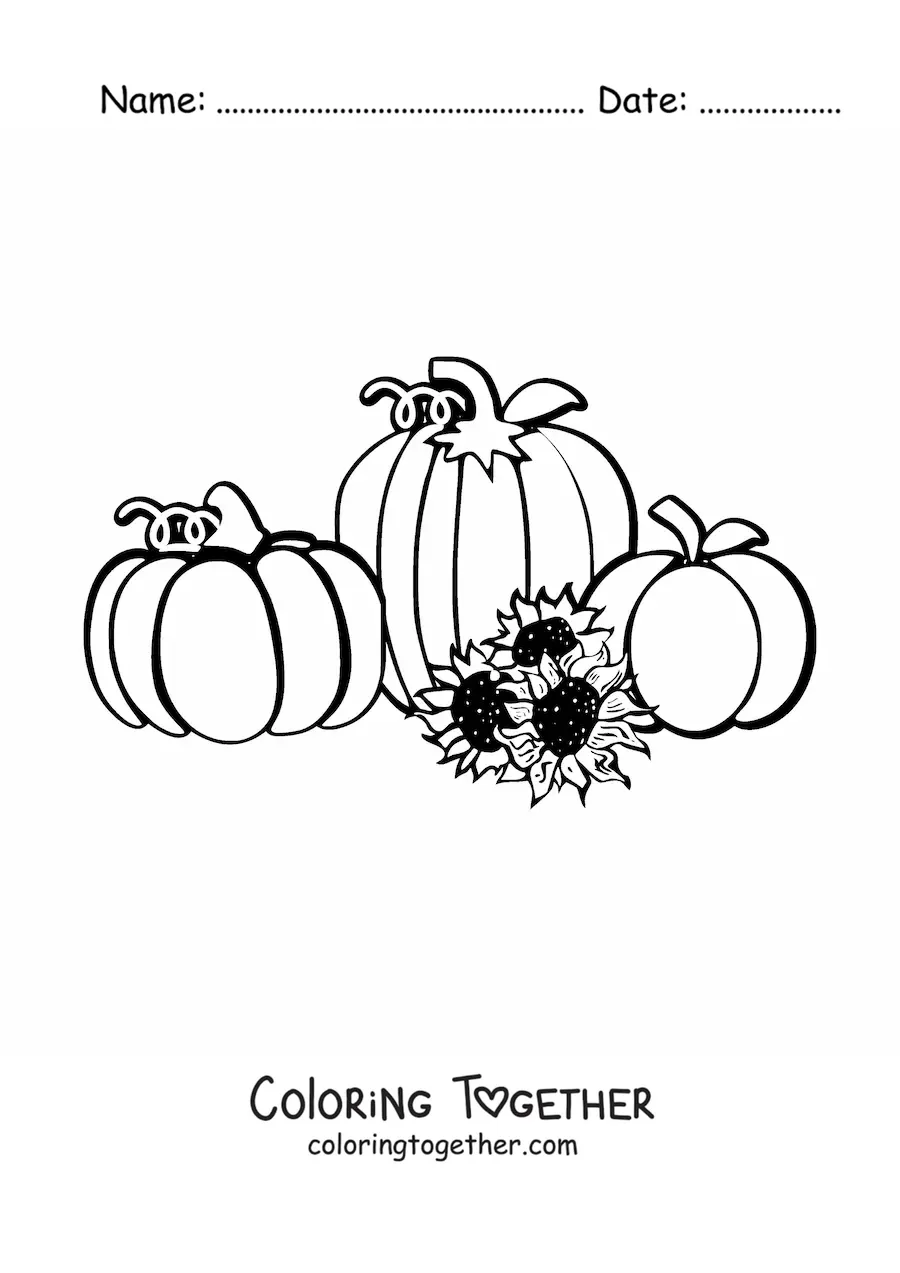 Coloring page of three pumpkins next to three sunflowers