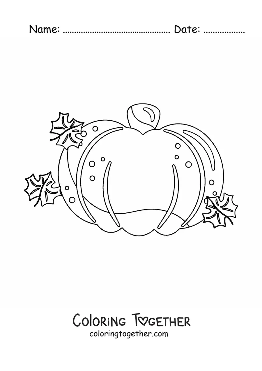 Coloring page of a pumpkin next to autumn leaves