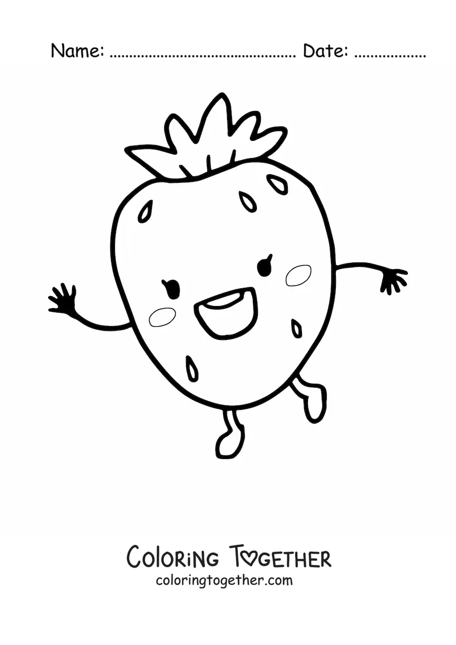 Coloring page of a cartoon kawaii strawberry waving happily