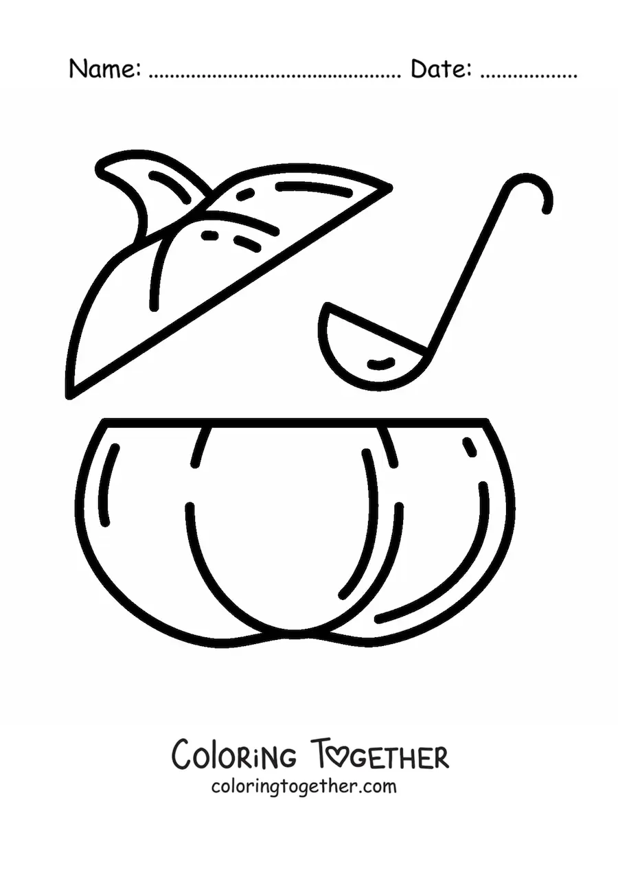 Coloring page of a ladle serving soup from inside a pumpkin
