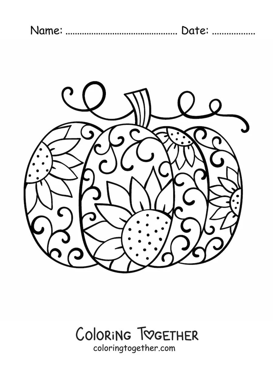 Coloring page of a pumpkin with a flower pattern
