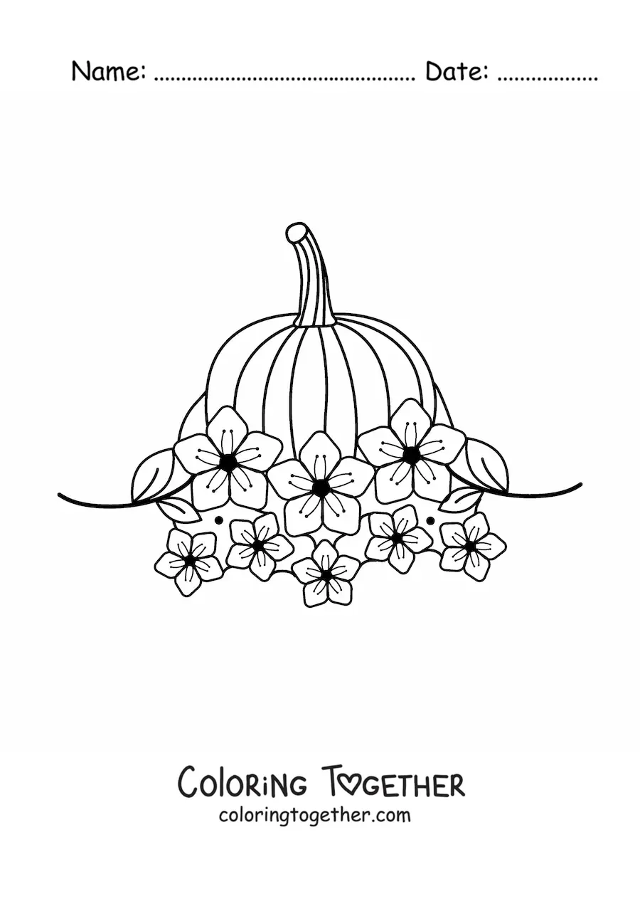Coloring page of a pumpkin surrounded by flowers