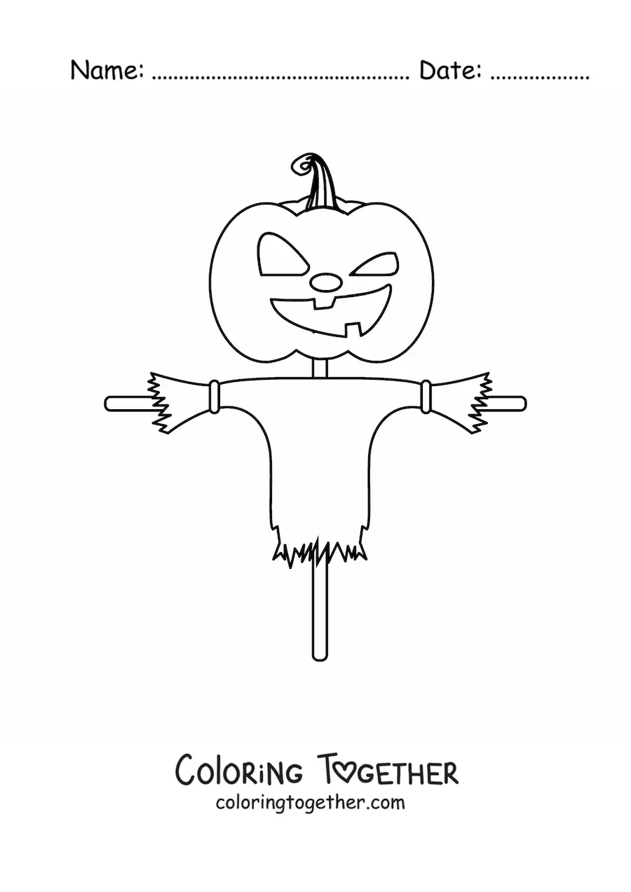 Coloring page of a scarecrow with a scary pumpkin head
