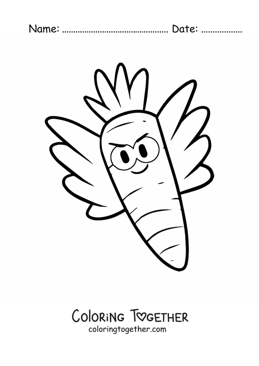 Coloring page of an animated carrot with wings