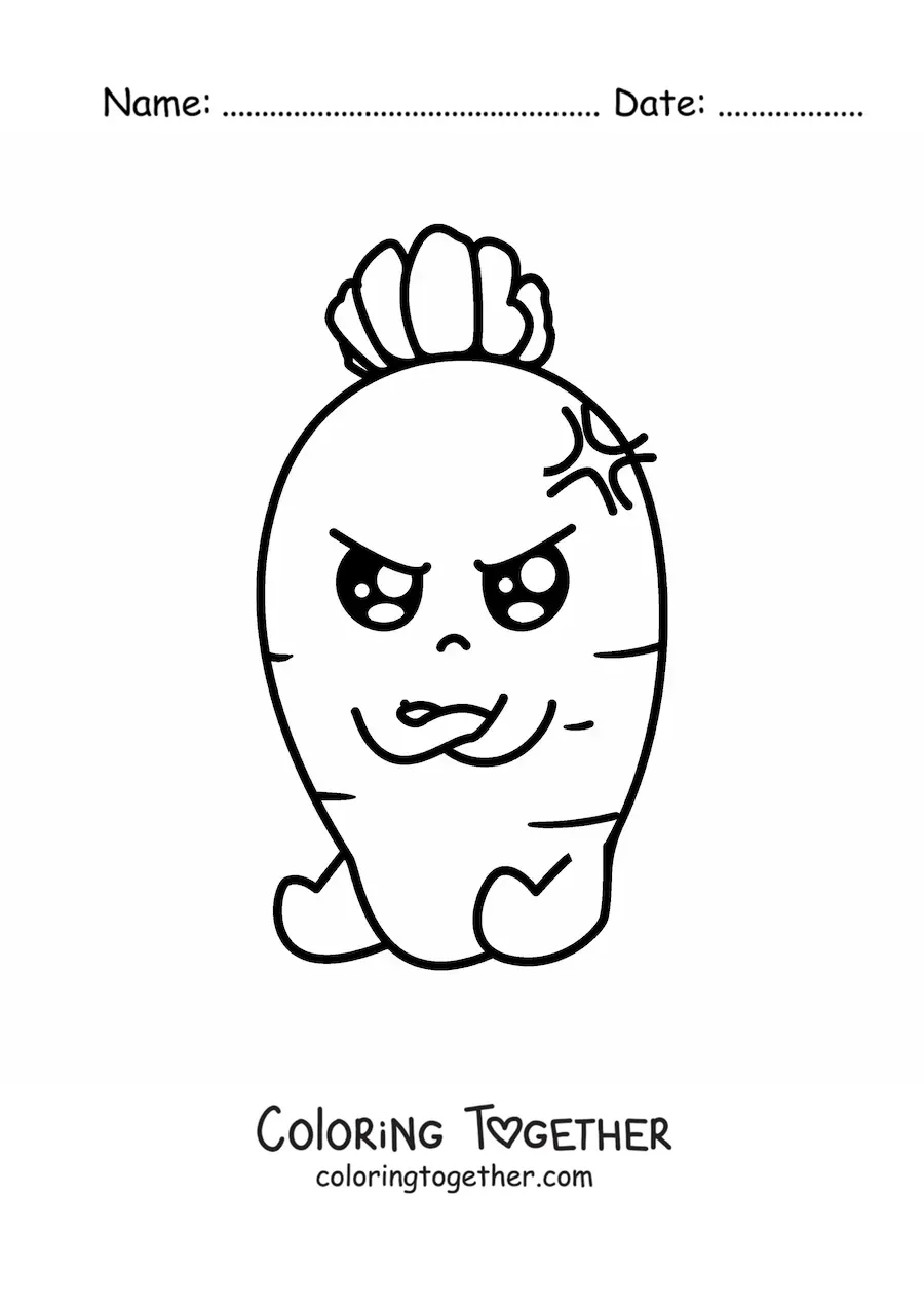 Coloring page of a kawaii animated carrot with an angry expression