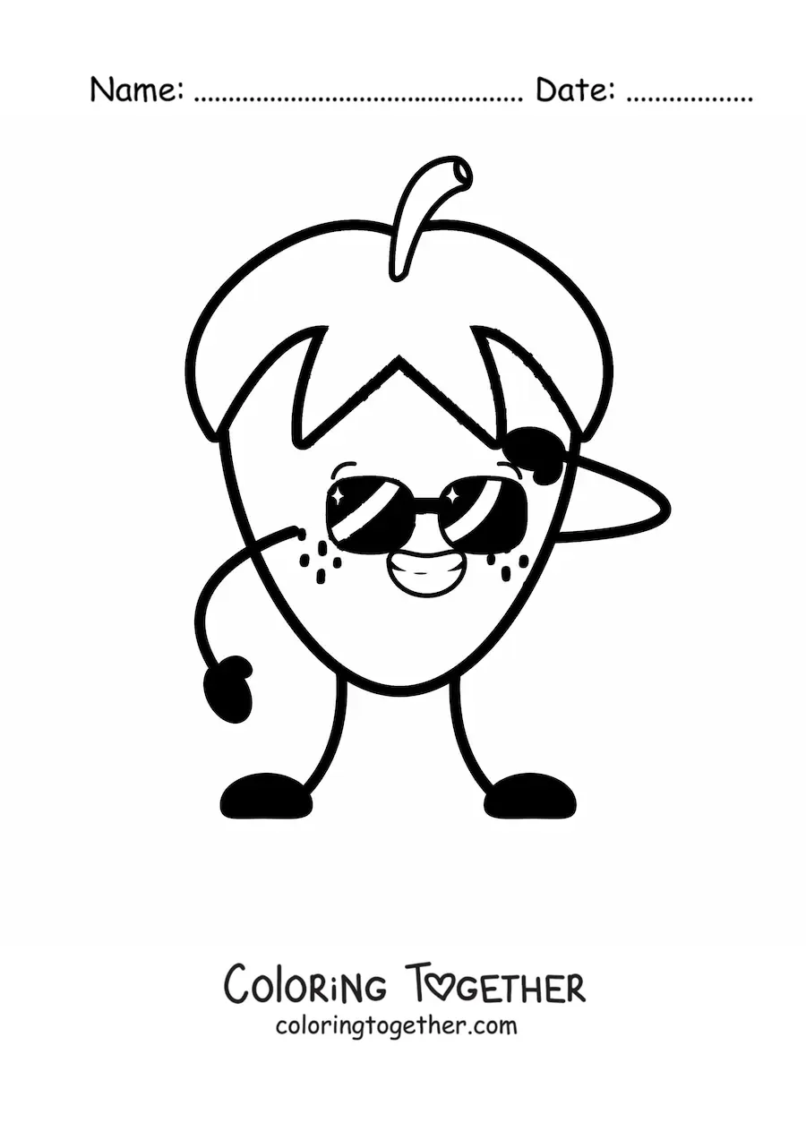 Coloring page of a cartoon strawberry smiling with sunglasses