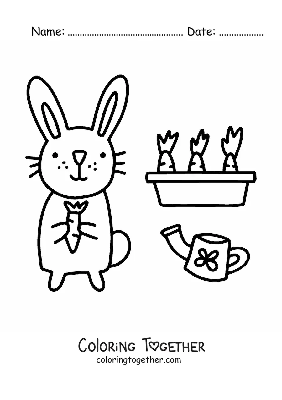 Coloring page of a kawaii rabbit next to a carrot garden