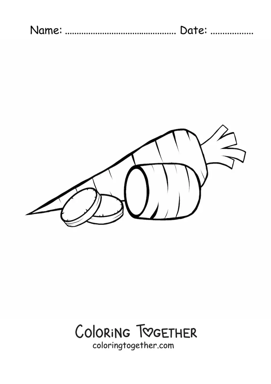 Coloring page of a carrot sliced into pieces