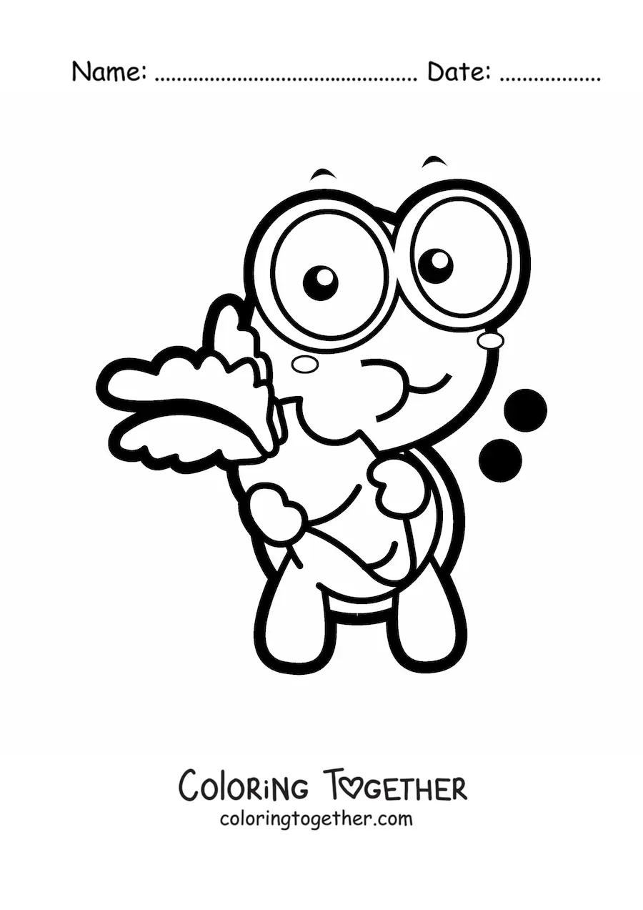 Coloring page of a kawaii turtle eating a carrot
