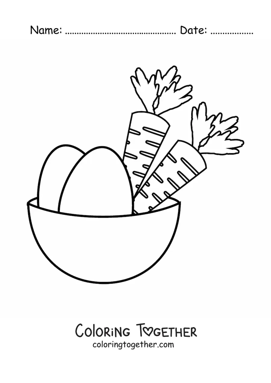 Coloring page of two carrots in a basket next to two eggs