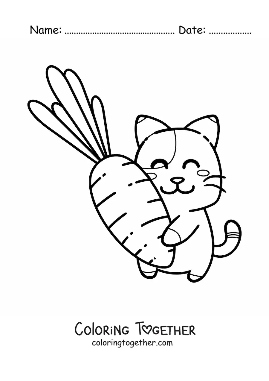 Coloring page of a kawaii animated cat hugging a carrot