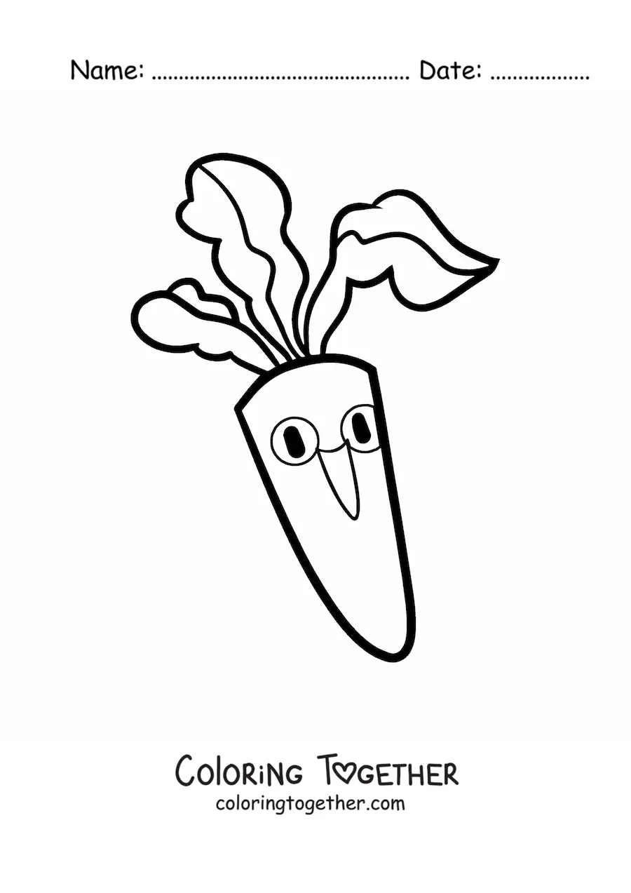Coloring page of an animated carrot with leaves