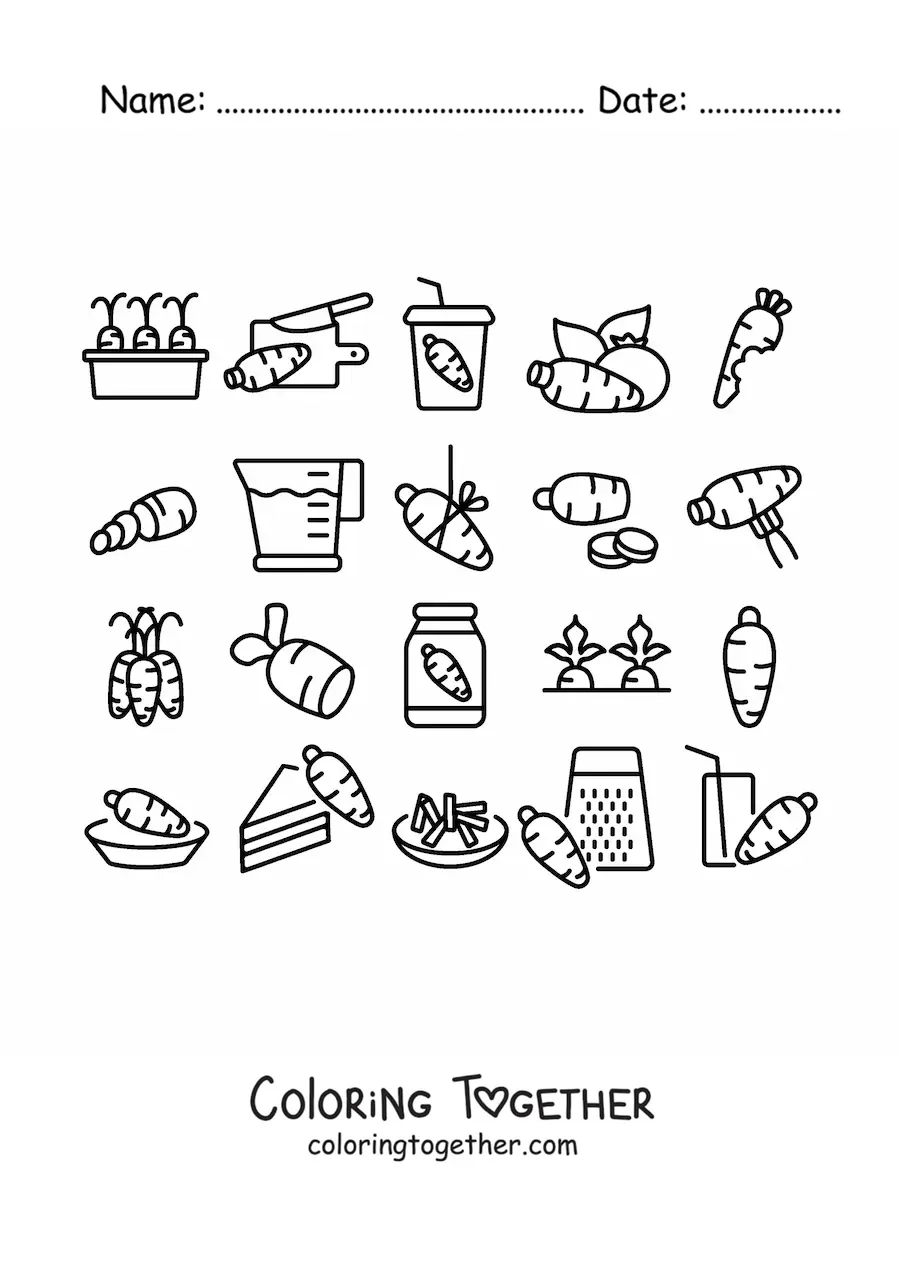 Coloring page of several ways to eat carrot
