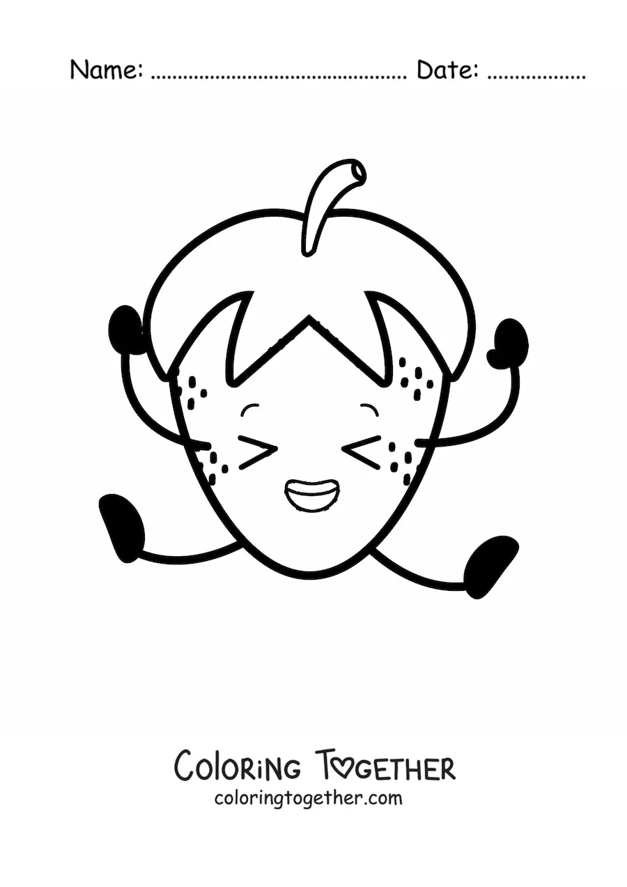 Coloring page of a cartoon strawberry jumping with its eyes closed