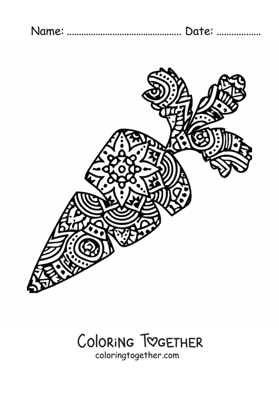 Coloring page of a carrot-shaped mandala