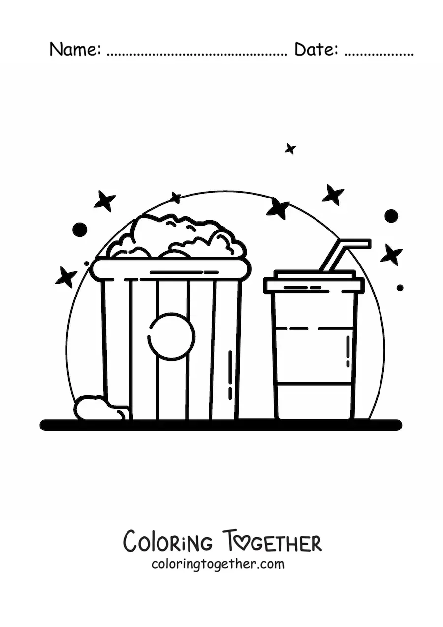 Coloring page of a tub of popcorn