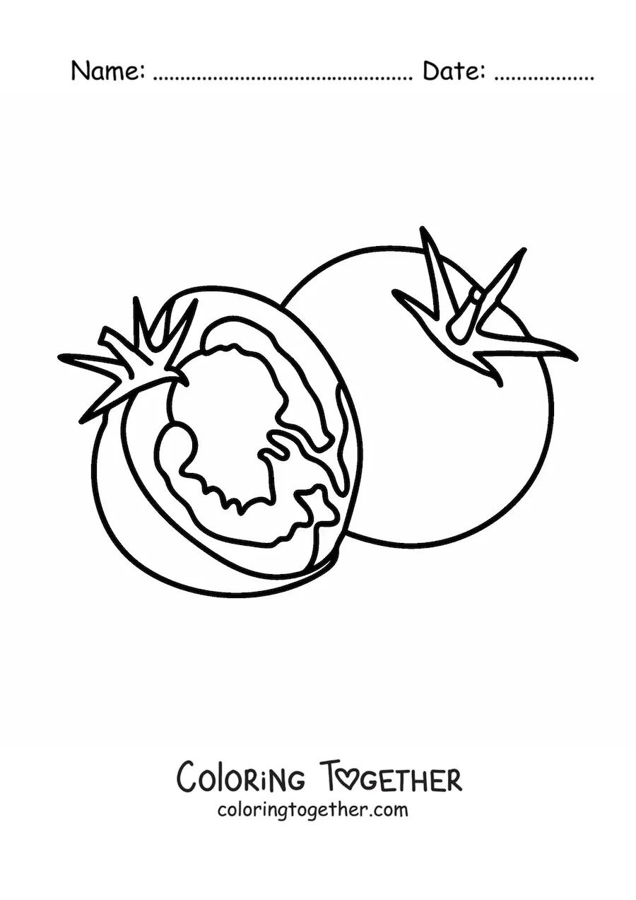 Coloring page of a tomato cut in half