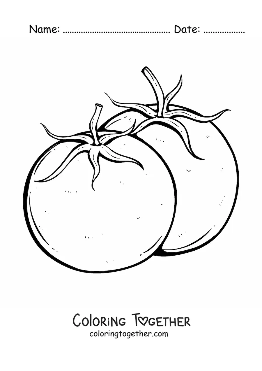 Coloring page of two tomatoes with leaves