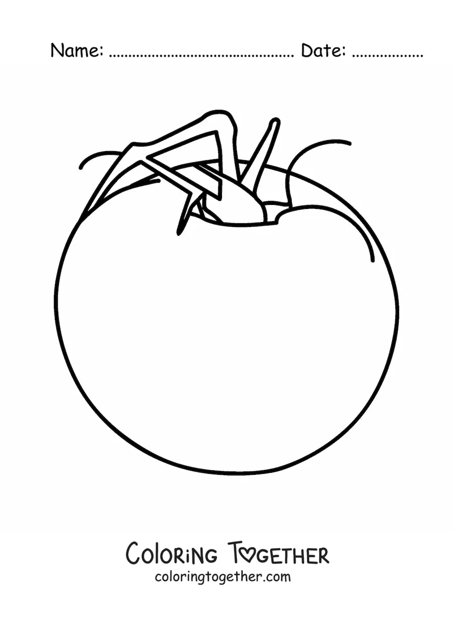 Coloring page of a big tomato with leaves