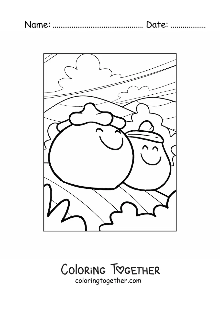 Coloring page of an animated tomato next to an animated eggplant