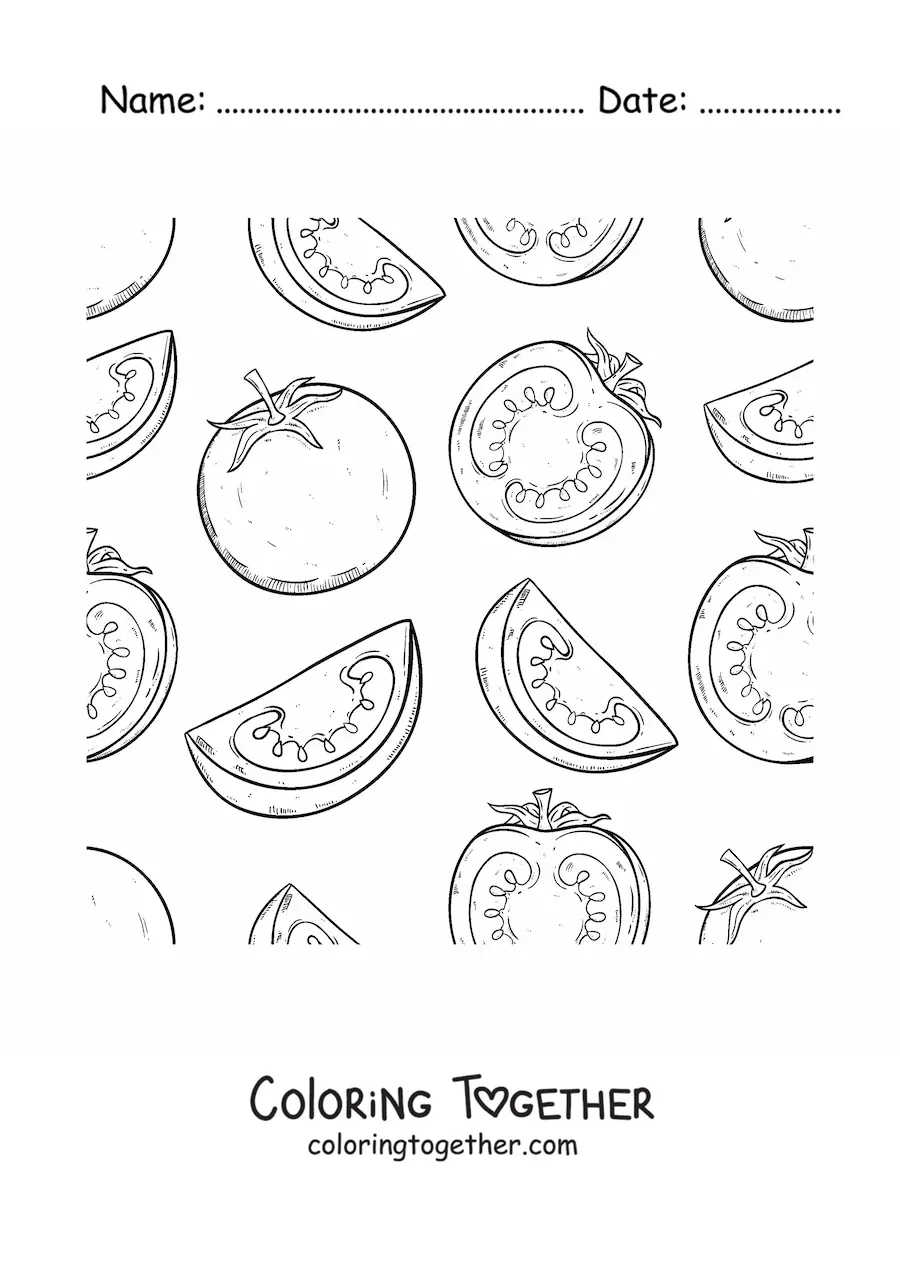 Coloring page of several tomatoes and pieces of tomato