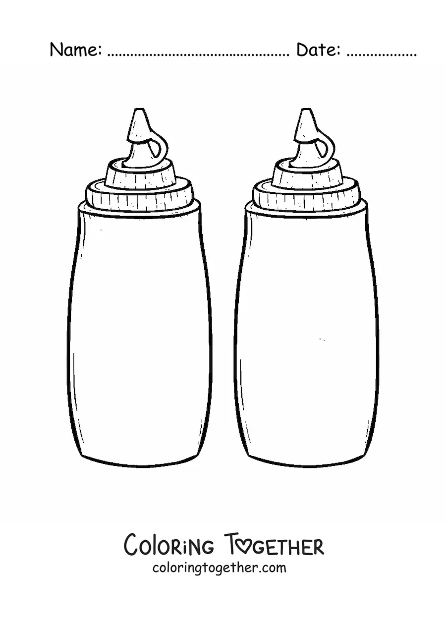 Coloring page of a bottle of tomato sauce next to one of mustard