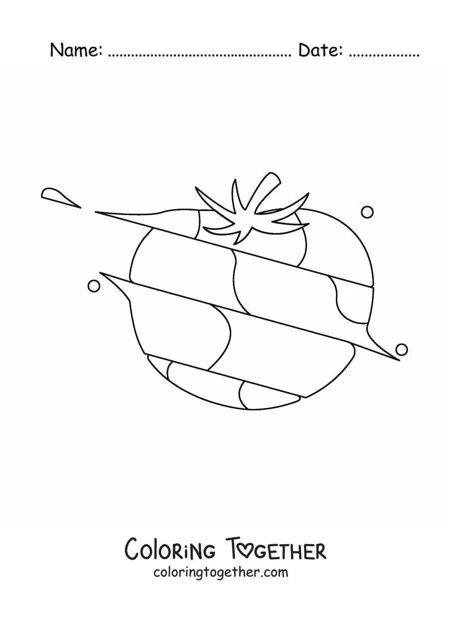 Coloring page of a tomato split into several pieces