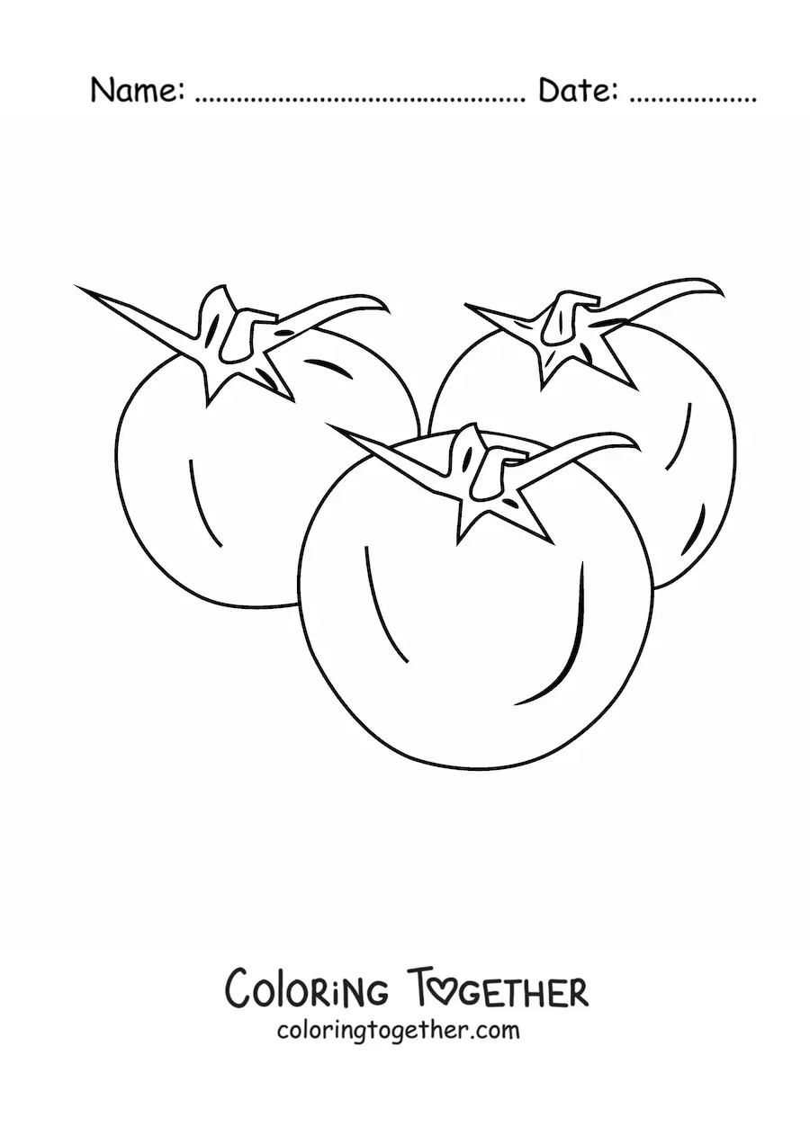 Coloring page of three small tomatoes with leaves