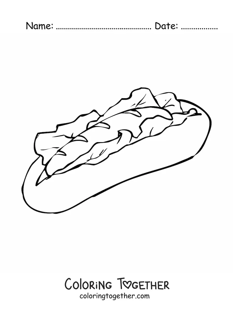 Coloring page of a hot dog with lettuce