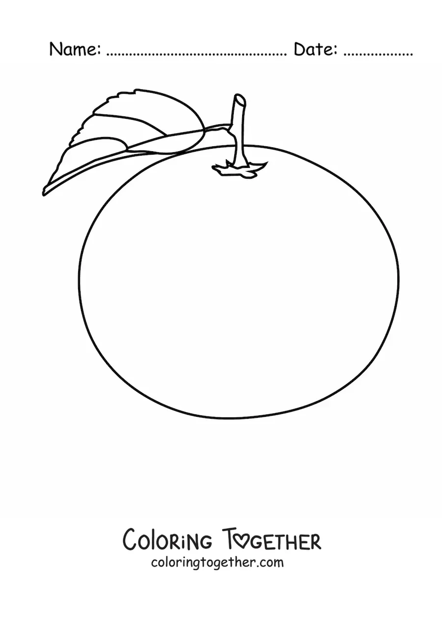 Coloring page of an orange with a leaf and a stem