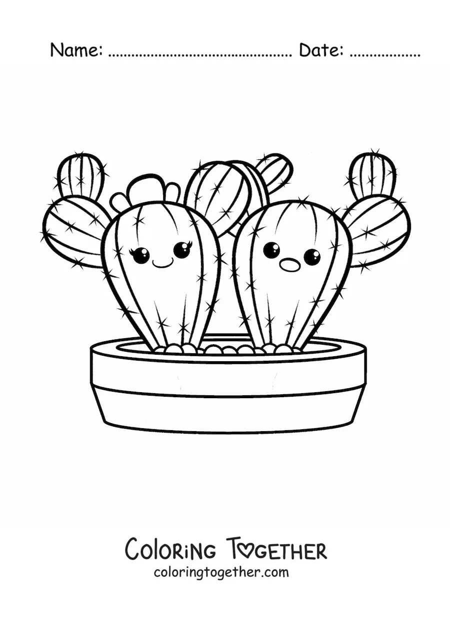 Coloring page of a pair of kawaii cacti