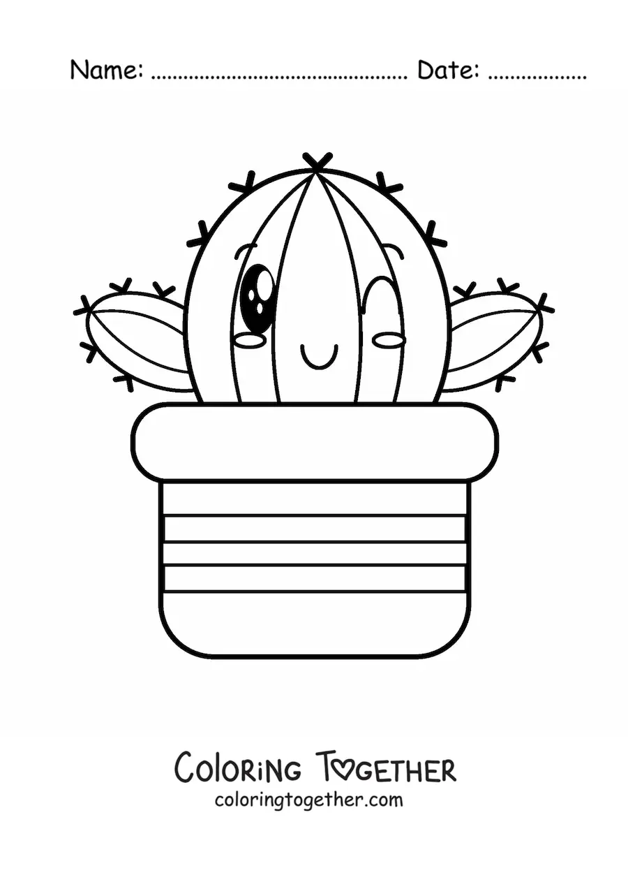 Coloring page of a kawaii cactus in a pot