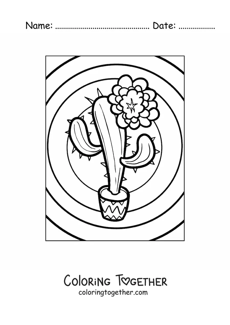 Coloring page of a cactus with a flower