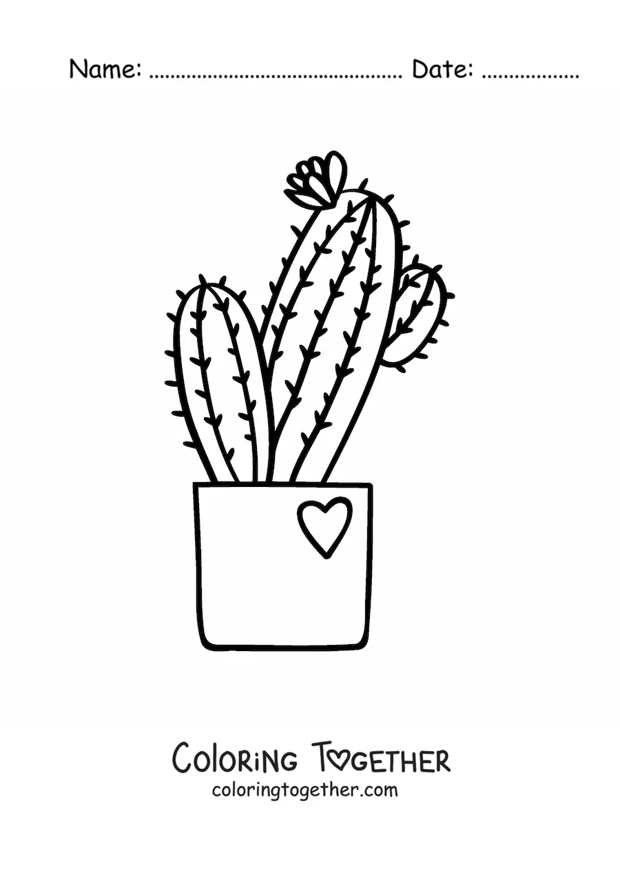 Coloring page of a cactus with a flower in a pot with a heart