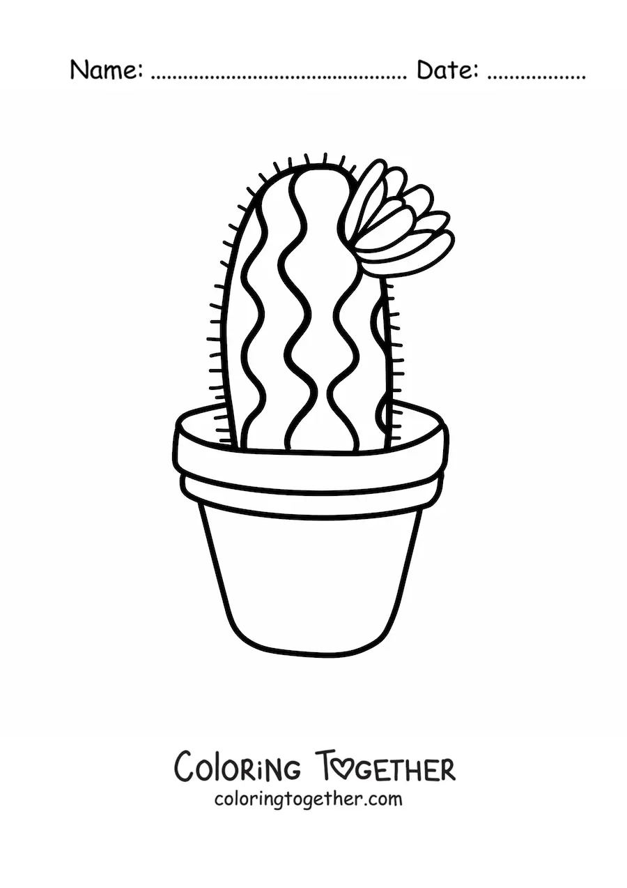 Coloring page of a cute cactus with a flower in a pot