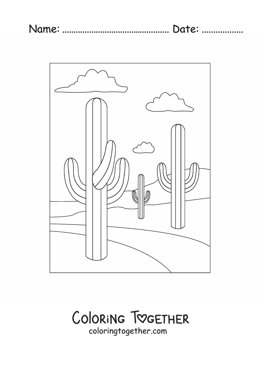 Coloring page of three cacti in the desert