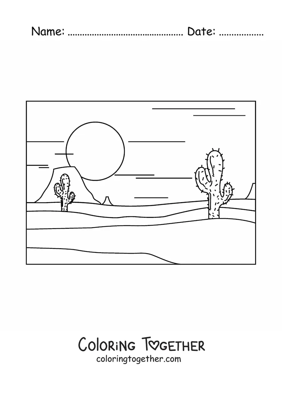 Coloring page of two cacti in the desert