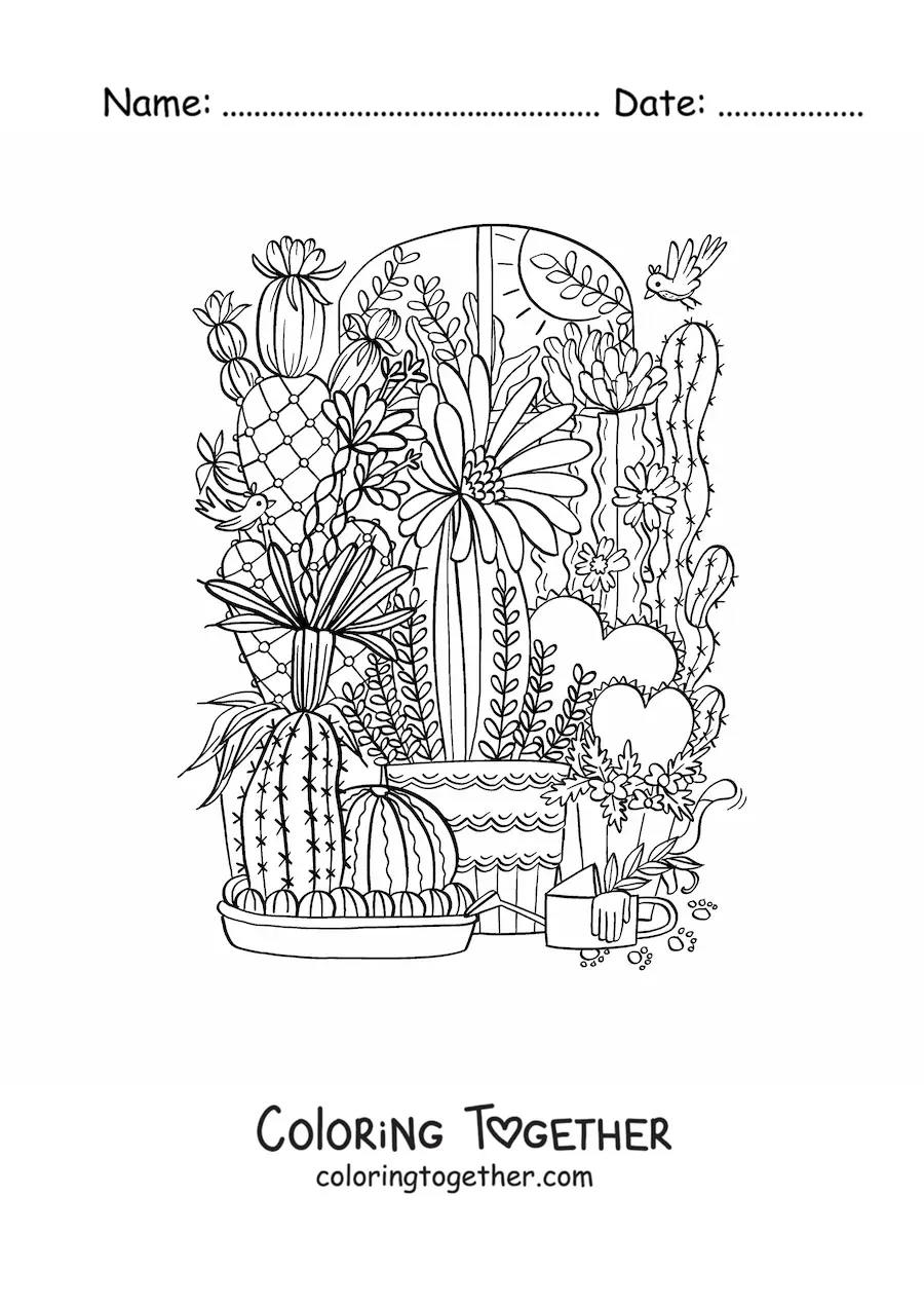 Coloring page of several cacti in pots with flowers and hearts
