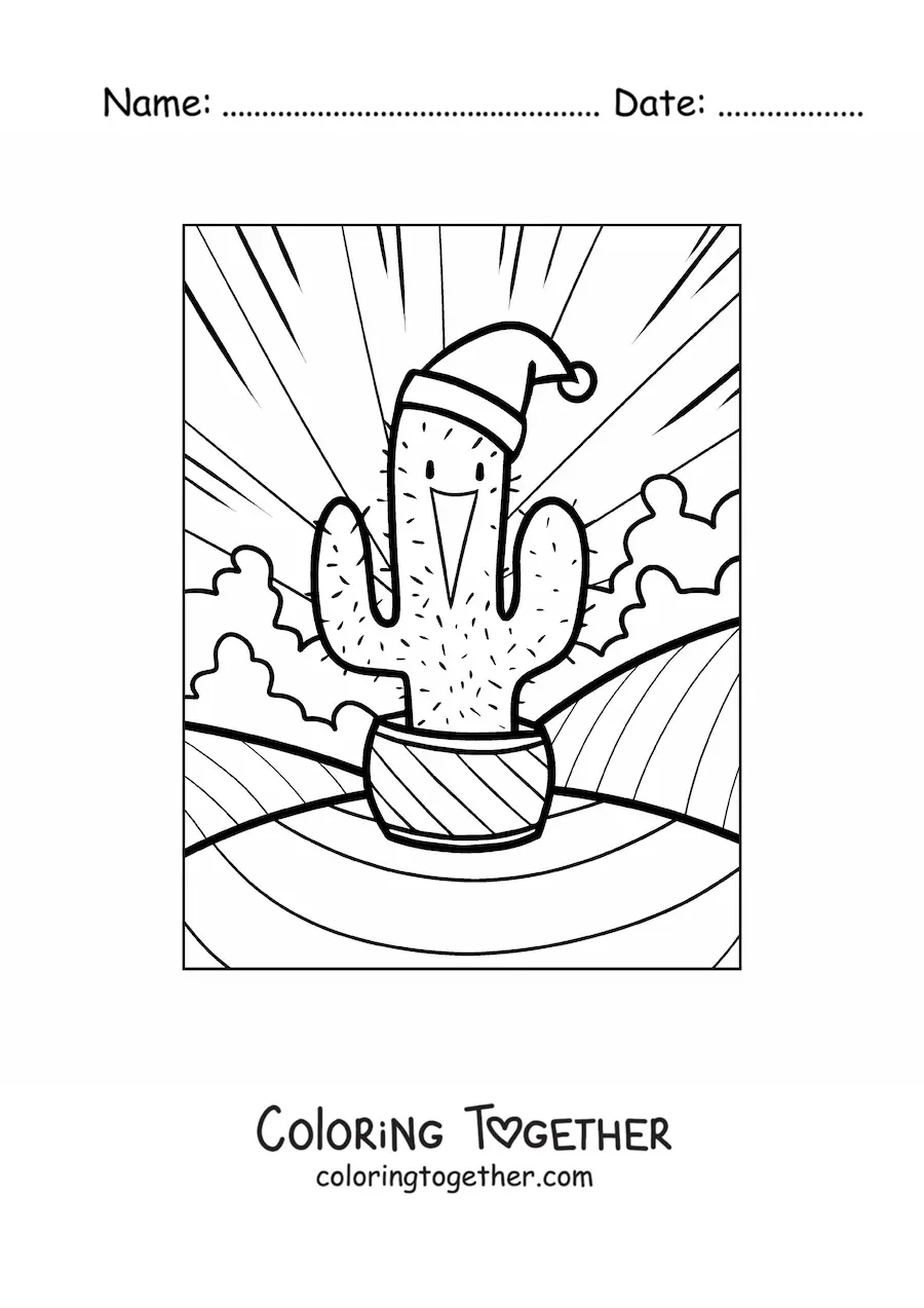 Coloring page of an animated Christmas cactus