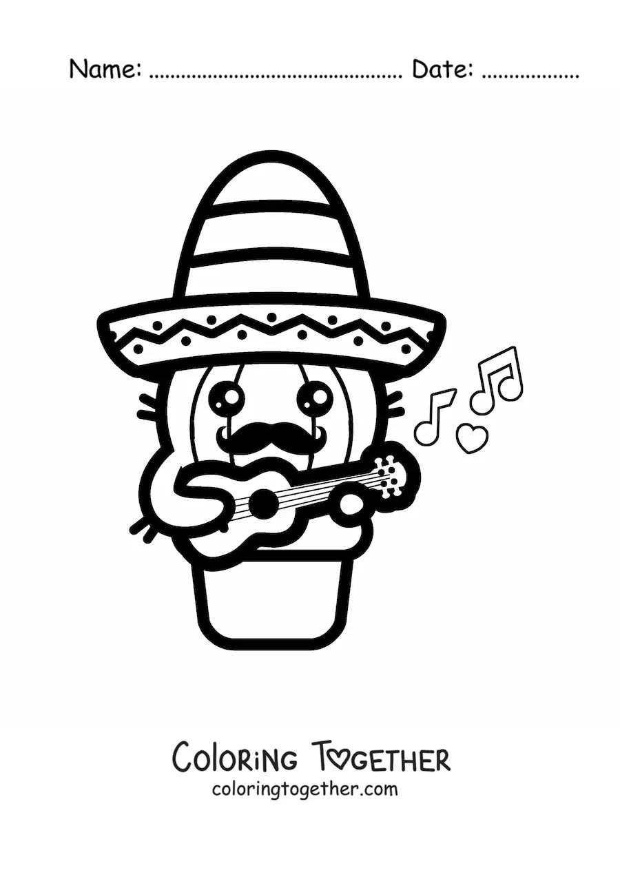 Coloring page of a kawaii cactus with a Mexican hat