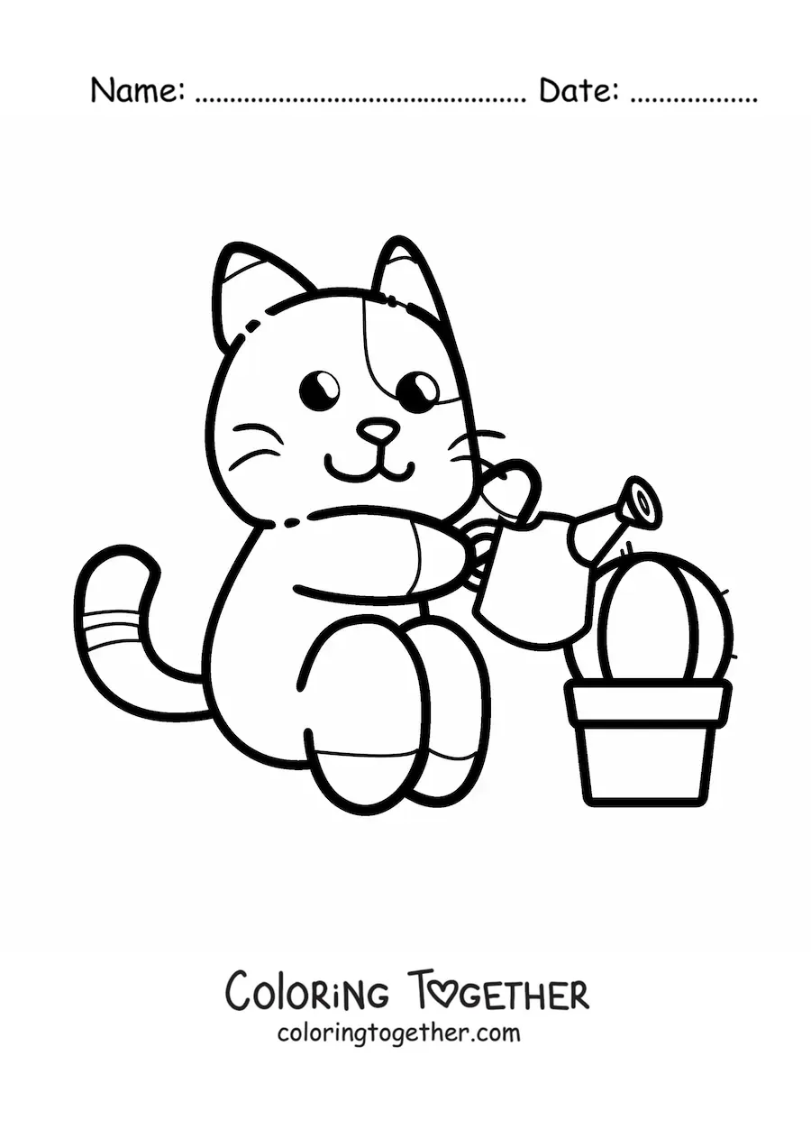 Coloring page of an animated cat watering a cactus
