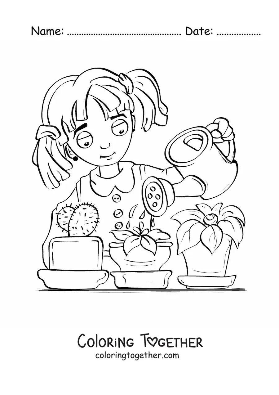 Coloring page of a girl watering a cactus