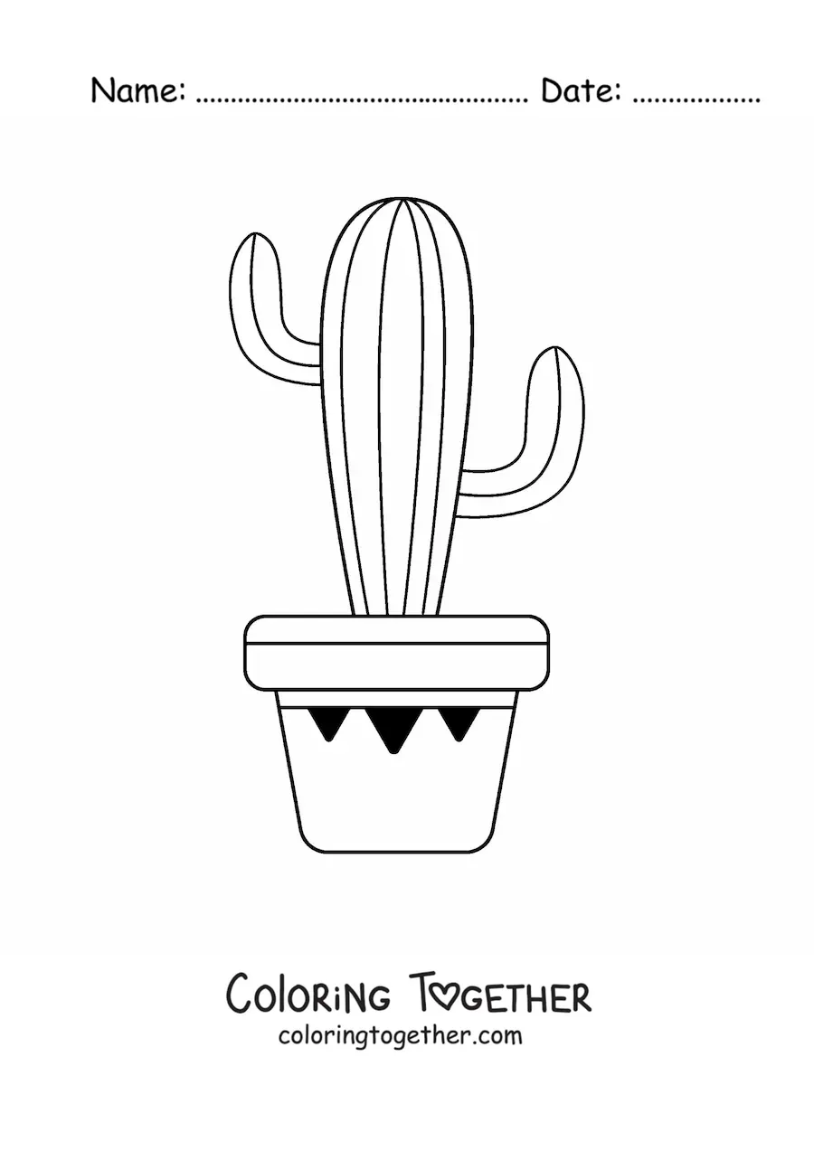 Coloring page of a cactus with lines in a pot
