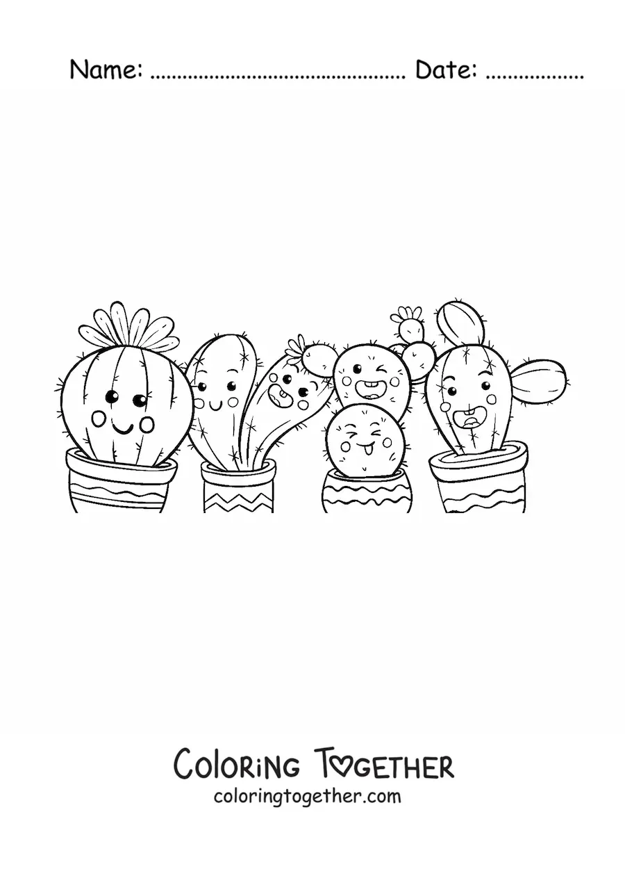 Coloring page of four kawaii animated cacti