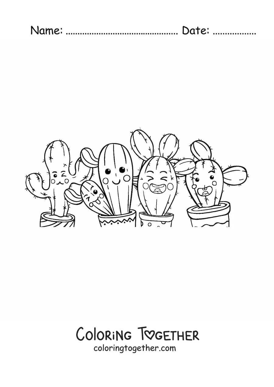 Coloring page of several kawaii animated cacti