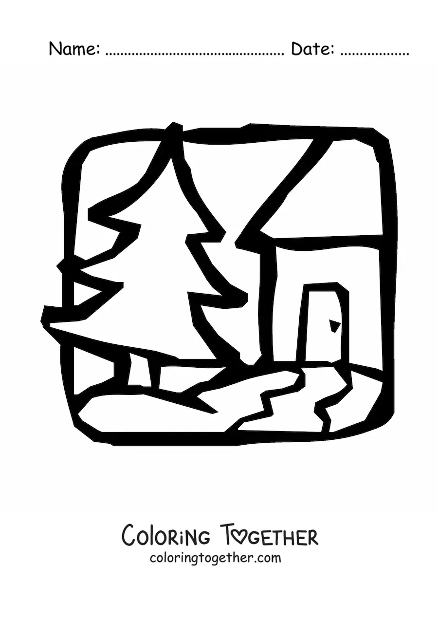 Coloring page of a house and a big pine tree