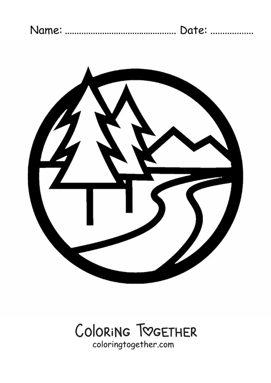 Coloring page of a mountain with a river and pine trees
