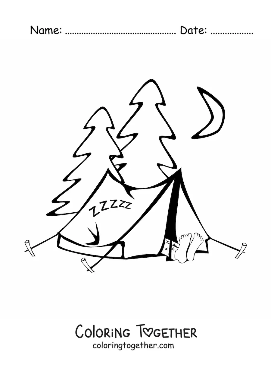 Coloring page of a camp in a pine forest